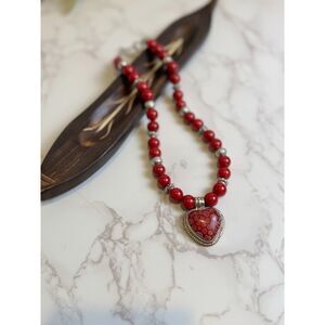 Sterling Silver Millefiori Heart & Red Carnelian Agate Necklace